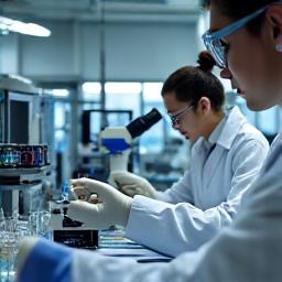 研究室で鉱物サンプルを分析する研究員