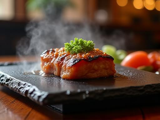 上で肉が焼かれている熱い火山岩プレート